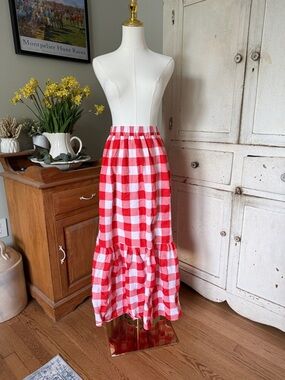 Anthropologie Red and White Gingham Tiered Maxi Skirt